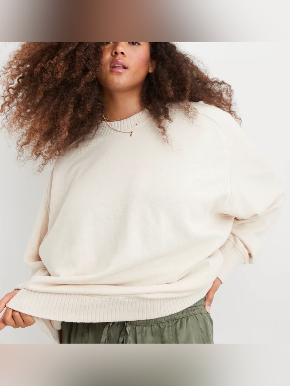 AERIE Down To Earth Sweatshirt CREW NECK Ribbed Trim OVERSIZED Cream Medium